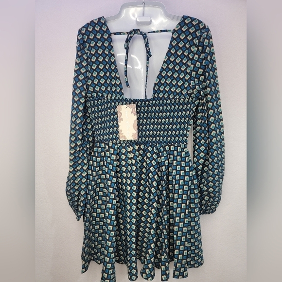 Band of The Free Genevieve Teal Diamond Long Sleeve Mini Dress Women's Medium - Picture 4 of 12